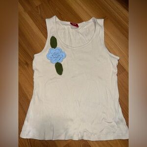 Vintage Cream Tank Top with Blue Floral Accent